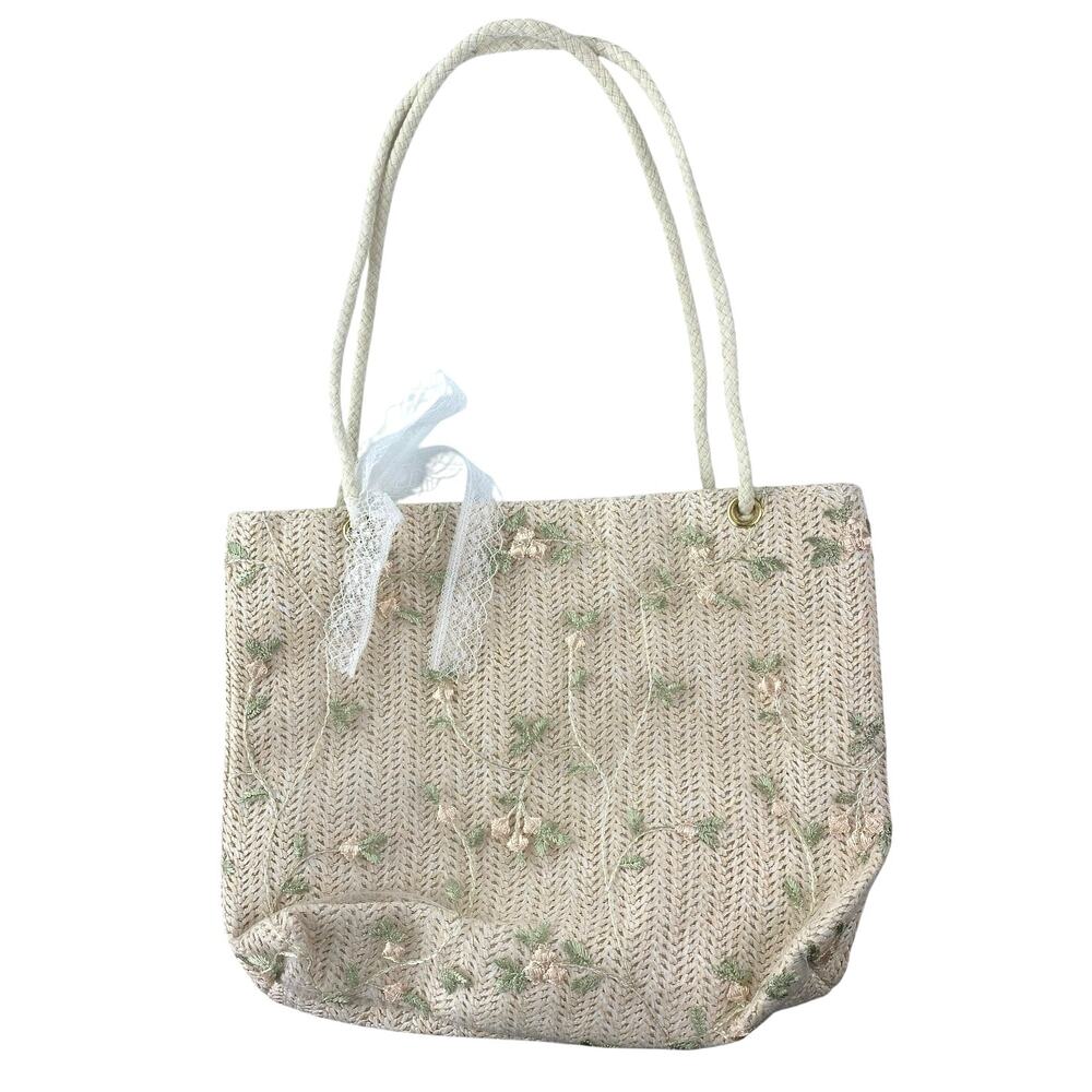 Mazeology Women's Cream Floral Embroidered Straw Lace Shoulder Bag Tote Handbag